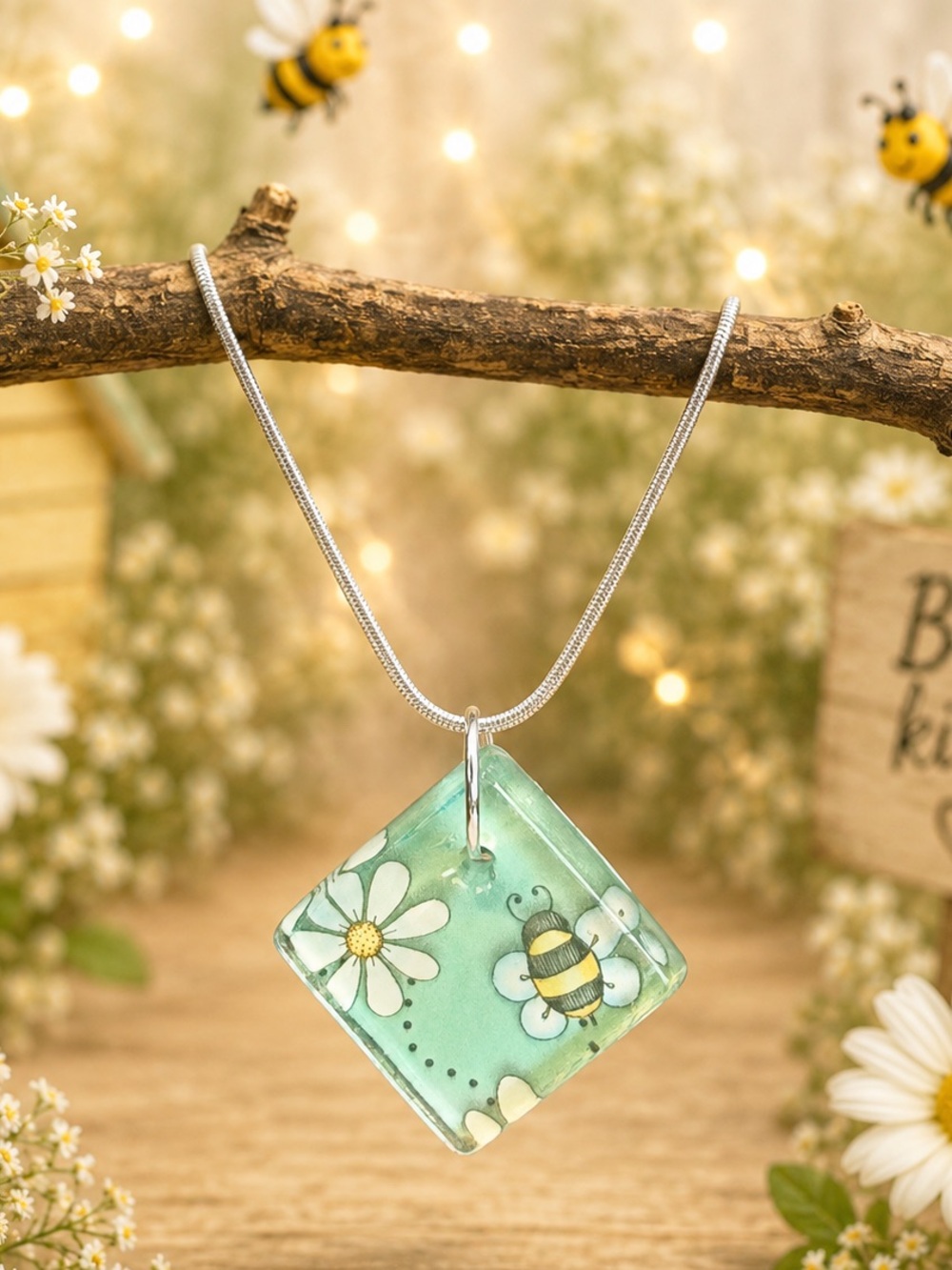Handmade Yellow Bee Earrings and Bracelet Set with Bee Pendant Necklace - Picture 4 of 4